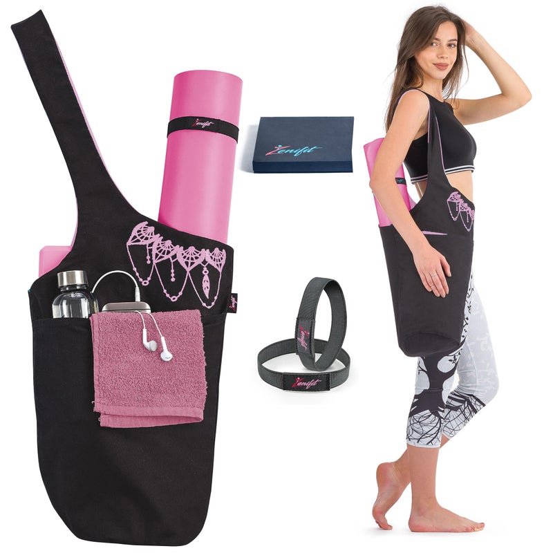Zenifit Yoga Mat Bag â€“ Versatile Yoga Bag with Mat Straps & Storage Pockets, Holds Yoga & Pilates Mats, Lightweight & Durable, Black and Pink - Image 1